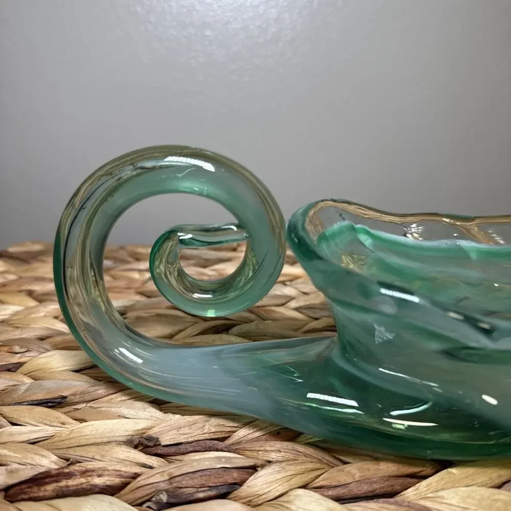 Vintage Aqua Art Glass Console Bowl Freeform Dish Vase Scroll Handle MCM 9.6”